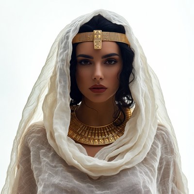 Egyptian woman in white veil and gold jewelry