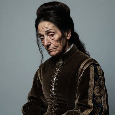 Elderly woman in Victorian brown gown