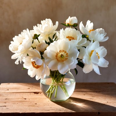 White Peonies in Glass Vase
