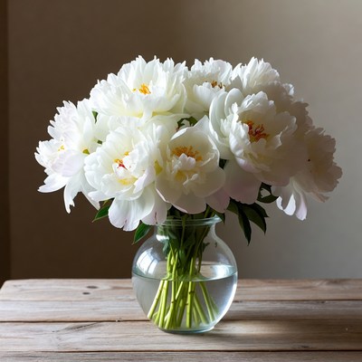 White Peonies Bouquet in Glass Vase