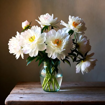 White Peonies in Glass Vase
