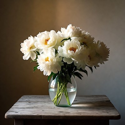 White Peonies in Glass Vase