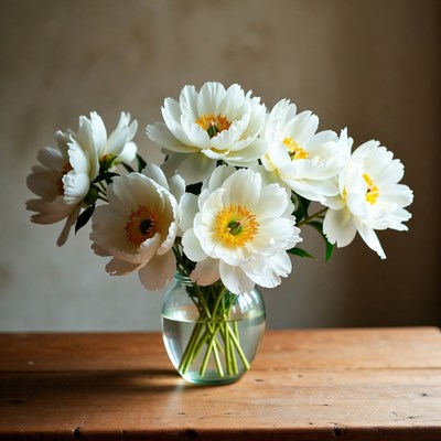 White Peonies in Glass Vase