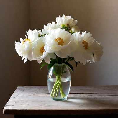 White Peonies in Glass Vase