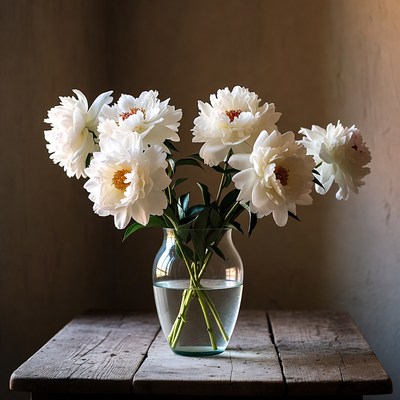 White Peonies in Glass Vase