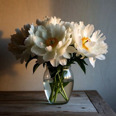 White Peonies in Glass Vase