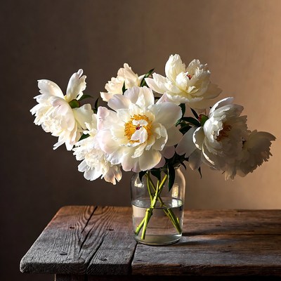 White Peonies in Glass Vase