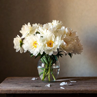 White Peonies in Glass Vase