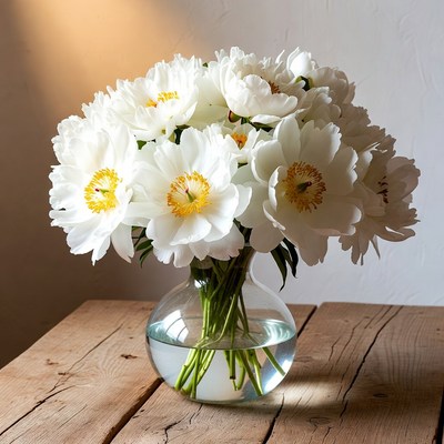 White Peonies in Glass Vase