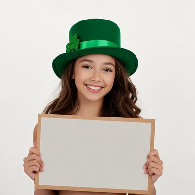 Girl holding blank sign in green leprechaun hat