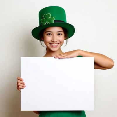 Girl holding blank sign in green leprechaun hat