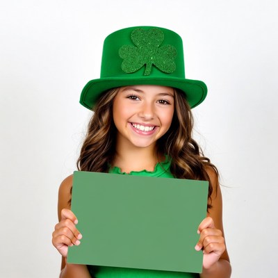 Girl holding green shamrock hat sign