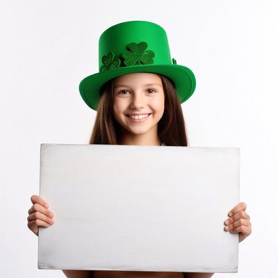 Girl holding blank sign in green leprechaun hat
