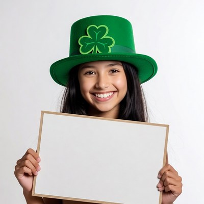 Asian girl in shamrock hat holding blank sign