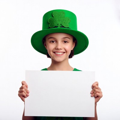 Girl in shamrock hat holding blank sign