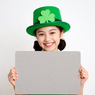Asian girl holding blank sign in leprechaun hat