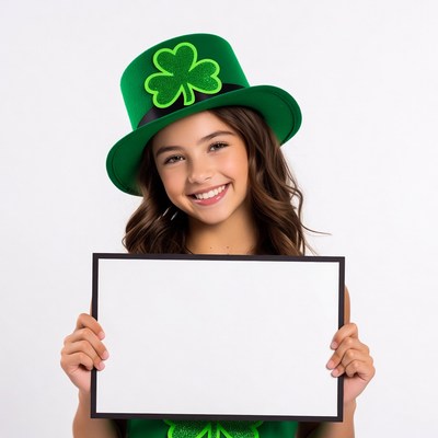Girl holding blank sign in shamrock hat