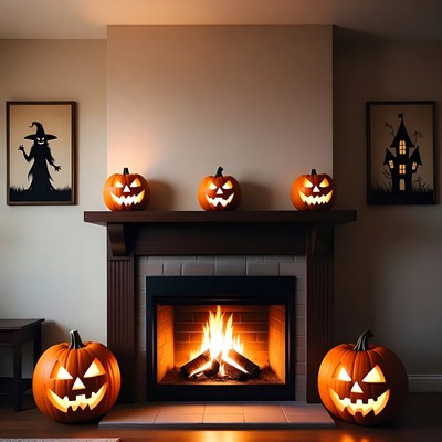 Halloween Pumpkins by Fireplace