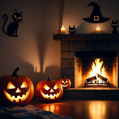 Halloween Pumpkins by Fireplace
