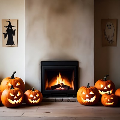 Halloween Pumpkins by Fireplace
