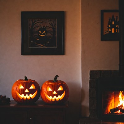Two Jack-o-Lanterns by Fireplace