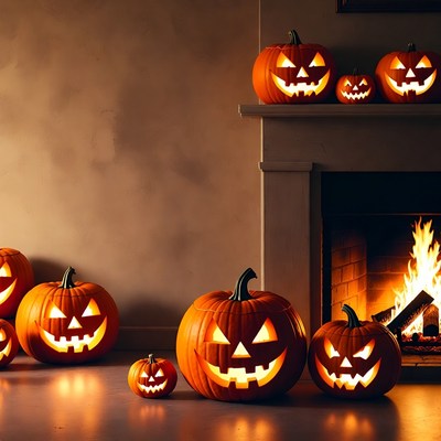 Jack-o'-lanterns by cozy fireplace