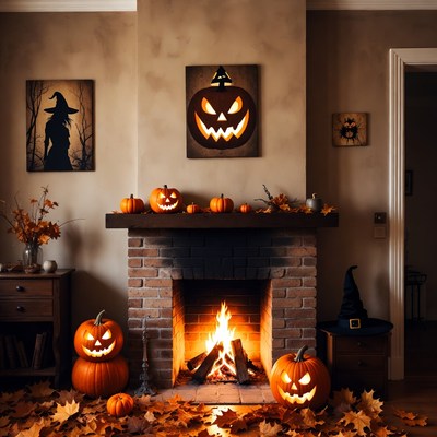 Halloween Fireplace with Pumpkins