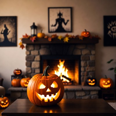 Jack-o'-lantern by cozy fireplace