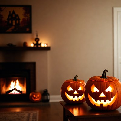 Two Jack-o-Lanterns by Fireplace