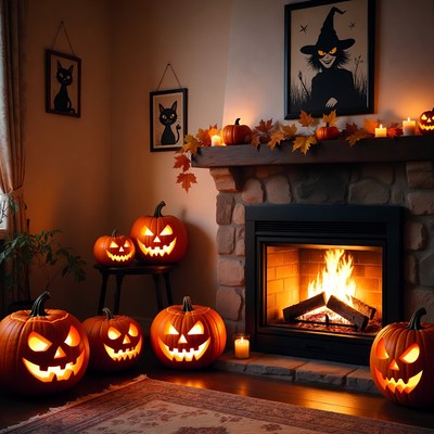 Halloween Pumpkins by Cozy Fireplace