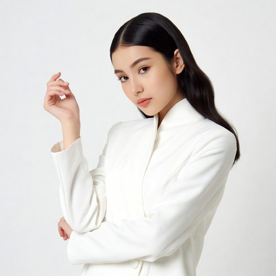 Asian woman in white suit posing