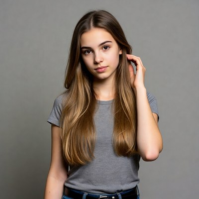 Teen girl with long hair touching ear