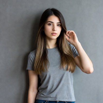 Young woman touching hair on gray background