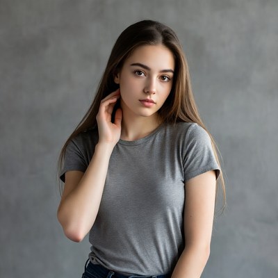 Young woman touching hair gray background