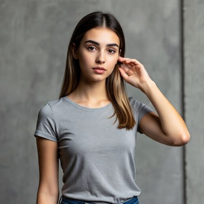 Young woman touching ear in gray t-shirt