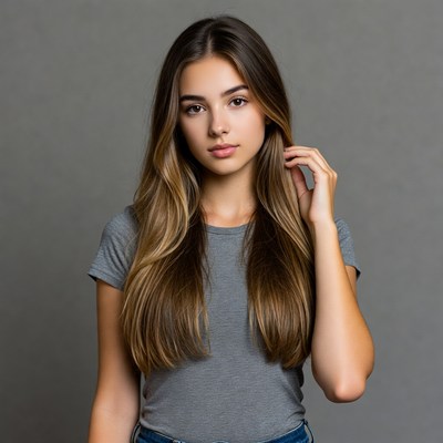 Young woman with long hair touching face