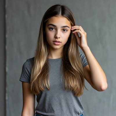 Teen girl touching hair thoughtfully