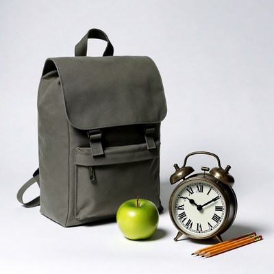 Backpack with Alarm Clock and Apple