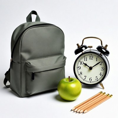 Backpack, Green Apple, Alarm Clock, Pencils