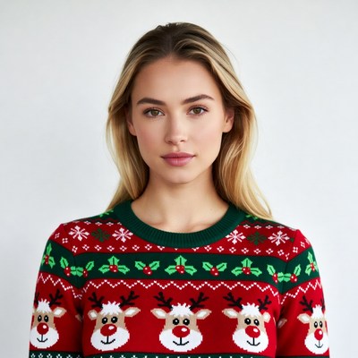 Woman in reindeer Christmas sweater