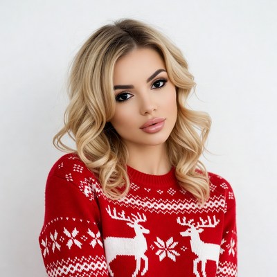 Blonde woman in reindeer Christmas sweater