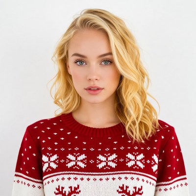Blonde woman in red Christmas sweater