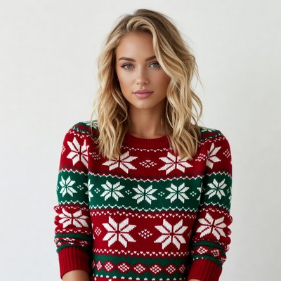 Blonde woman in red Christmas sweater