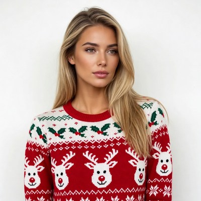 Blonde woman in reindeer Christmas sweater