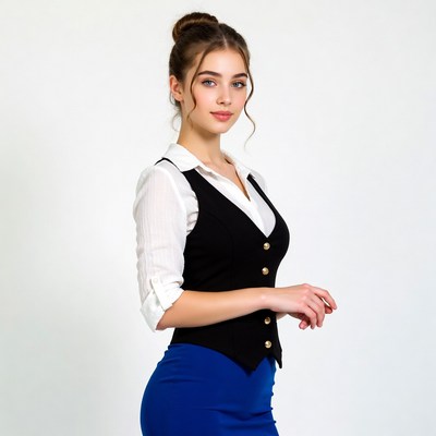 Woman in black vest and blue skirt