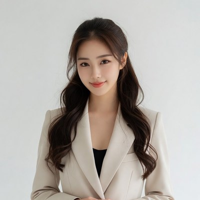 Asian woman in beige blazer smiling