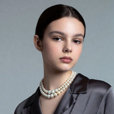 Woman wearing pearl necklace