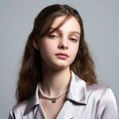 Young woman in silk blouse with pearl necklace