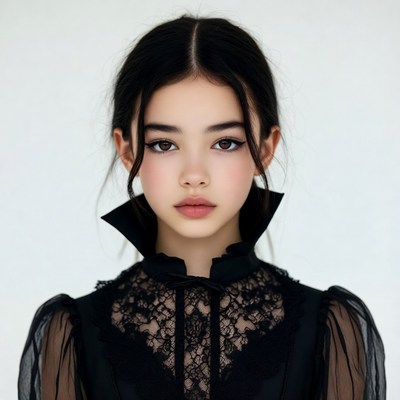 Asian girl in black lace dress