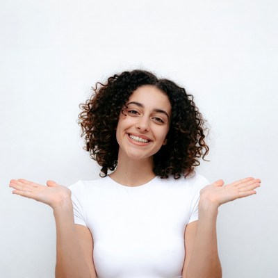 Smiling woman with curly hair spreading arms